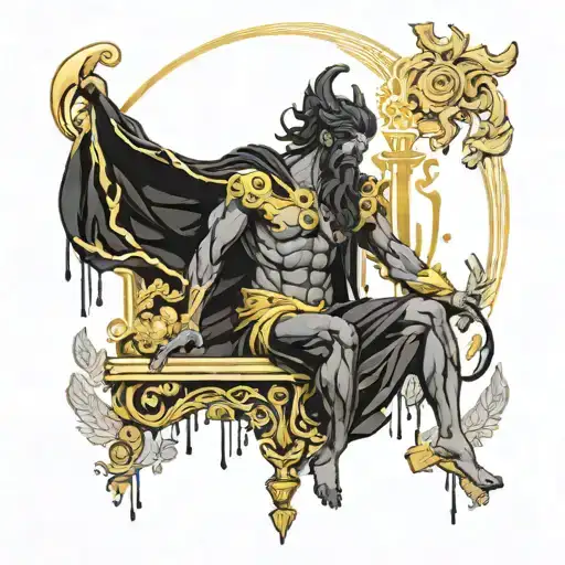 black and gold only, Hades greek god, vicious, gold dripping like water, statue, neo traditional, realism tattoo design idea