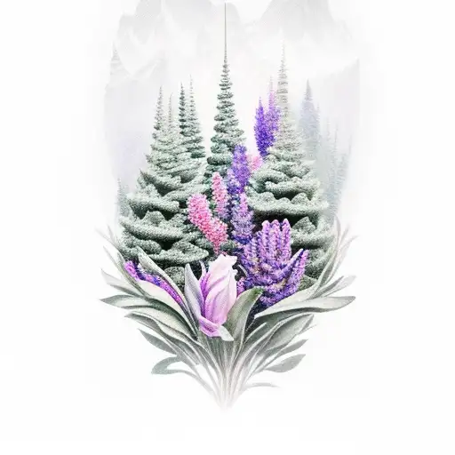 mountain scene, lavender, tulip, gardenia, pine cone, tiger tattoo design idea