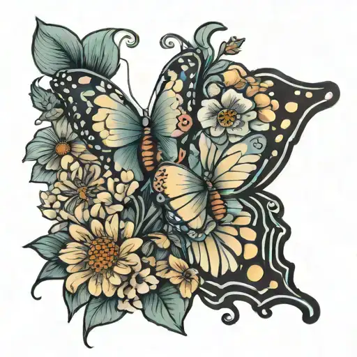 butterfly with march, october, and january birth flower tattoo design idea