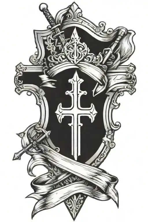 sword in shield with banner under shield templar cross tattoo design idea