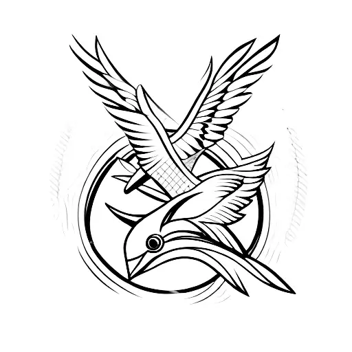A minimalist tattoo of a bird flying with a trident in its beak, representing intelligence and strength tattoo design idea