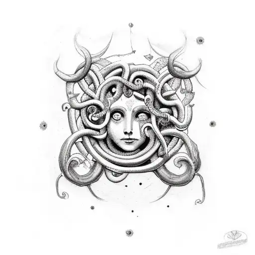 upper arm Medusa tattoo containing a semicolon, space elements and bats. tattoo design idea