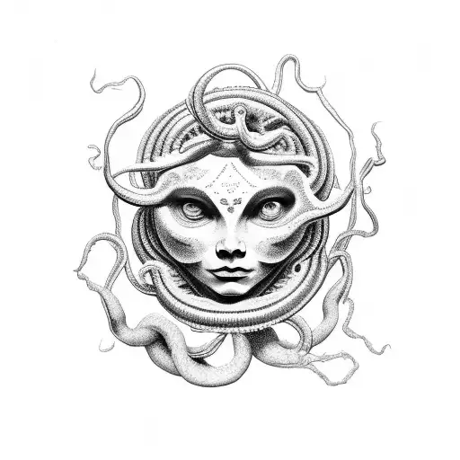 upper arm Medusa tattoo containing a semicolon, space elements and bats. tattoo design idea
