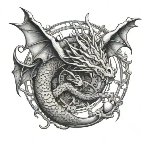 Dragon coiled around a steering wheel in dotwork style tattoo design idea
