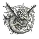 Dragon coiled around a steering wheel in dotwork style tattoo design idea