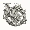 Dragon coiled around a steering wheel in dotwork style tattoo design idea