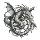 Dragon coiled around a steering wheel in dotwork style tattoo design idea