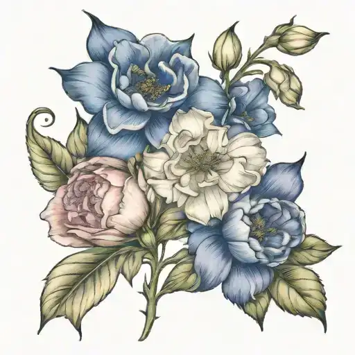 morning glory + peony + narcissus flower bouquet tattoo design idea