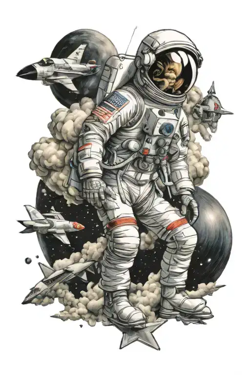 space astronaut sitting clouds stars rocket ship blasting tattoo design idea