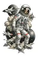 space astronaut sitting clouds stars rocket ship blasting tattoo design idea