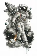 space astronaut sitting clouds stars rocket ship blasting tattoo design idea
