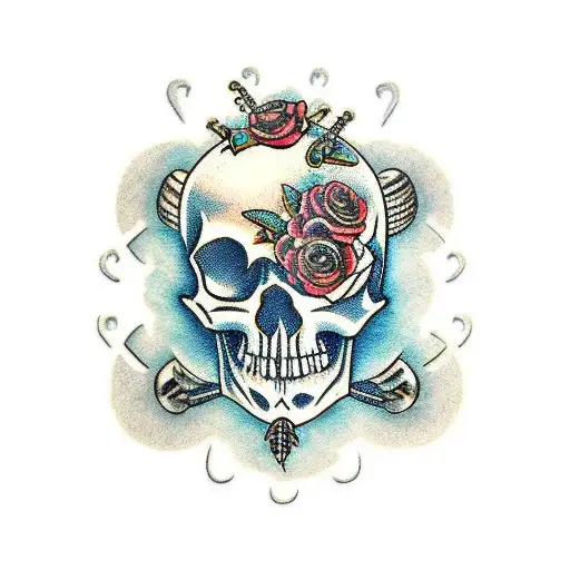 steampunk skull and flowers arm sleeve tattoo design idea