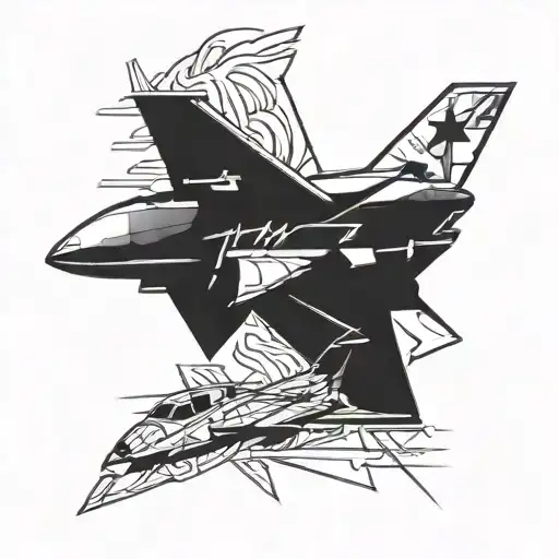 A tattoo design combining elements of Crossfit and fighter jets in a dynamic composition tattoo design idea