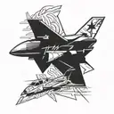 A tattoo design combining elements of Crossfit and fighter jets in a dynamic composition tattoo design idea