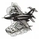 A tattoo design combining elements of Crossfit and fighter jets in a dynamic composition tattoo design idea