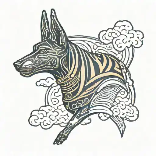 Anubis with dark background with clouds and wind lines tattoo design idea