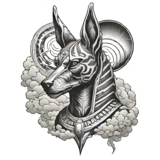 Anubis with dark background with clouds and wind lines tattoo design idea