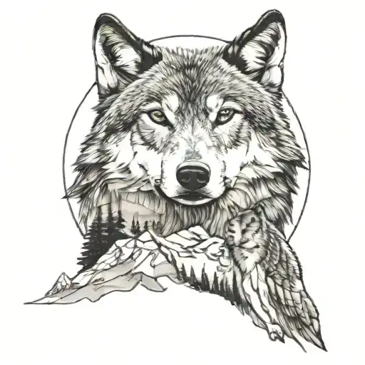 wolf, mountains, moon, loved one side tattoo design idea