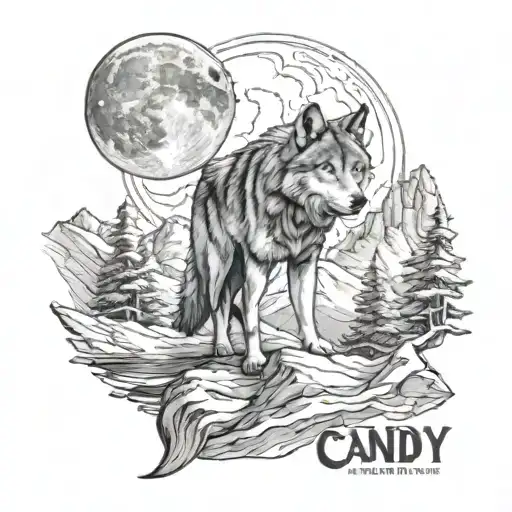  mountains, wolf, moon, born 1966/ passed of 2023, with the name Candy  tattoo design idea