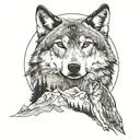 wolf, mountains, moon, loved one side tattoo design idea