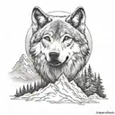 wolf, mountains, moon, loved one side tattoo design idea