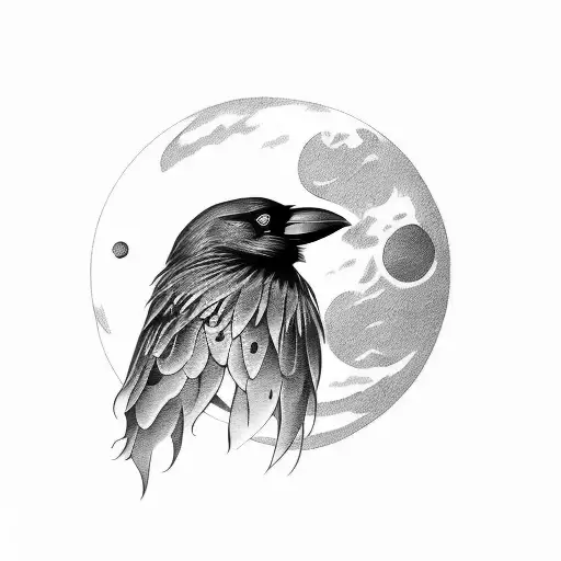 crow behind blood red moon tattoo design idea