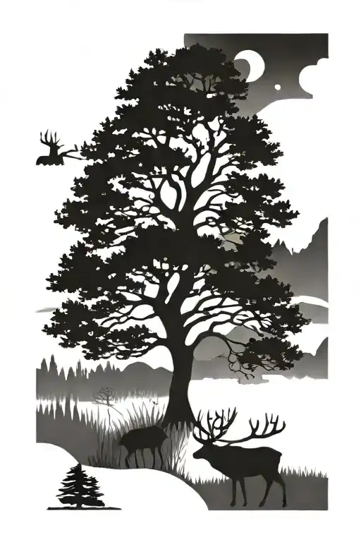 elk and tree growing tattoo design idea