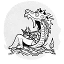 dragon sleep in forest with crown on his head and parrot by his side wearing flipflops tattoo design idea