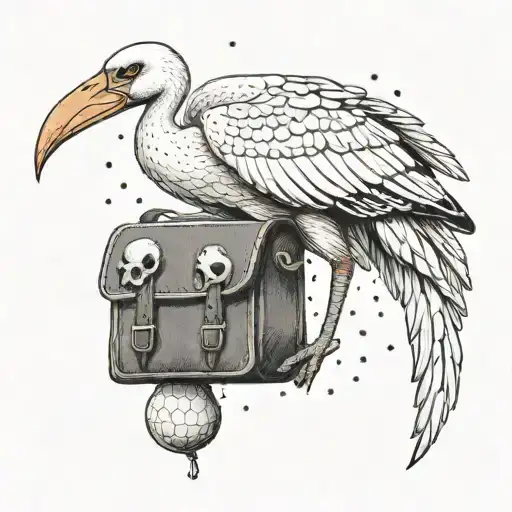 a white stork carrying a skull in a satchel like it's a baby tattoo design idea