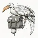 a white stork carrying a skull in a satchel like it's a baby tattoo design idea