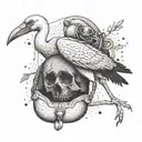 a white stork carrying a skull in a satchel like it's a baby tattoo design idea
