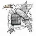 a white stork carrying a skull in a satchel like it's a baby tattoo design idea