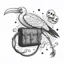 a white stork carrying a skull in a satchel like it's a baby tattoo design idea