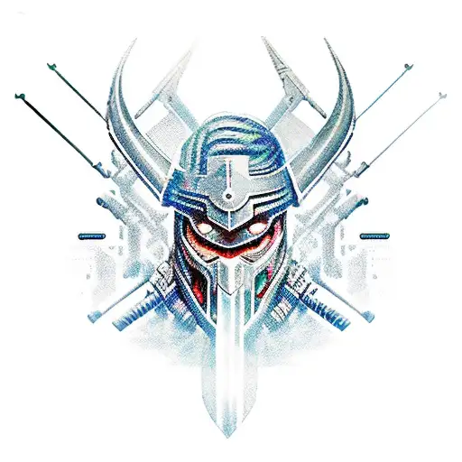 A futuristic warrior from a computer game wielding a powerful weapon tattoo design idea