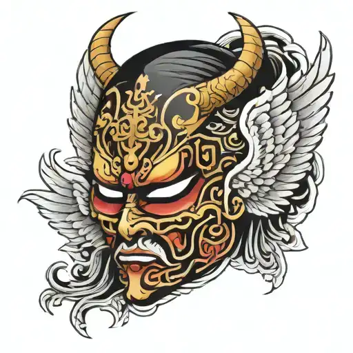 Japanese mask with angel face with a scar tattoo design idea