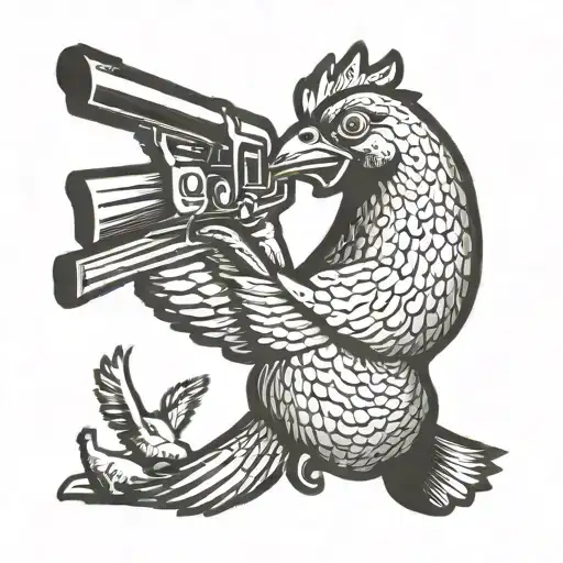 Chicken with a gun shooting a duck flying tattoo design idea