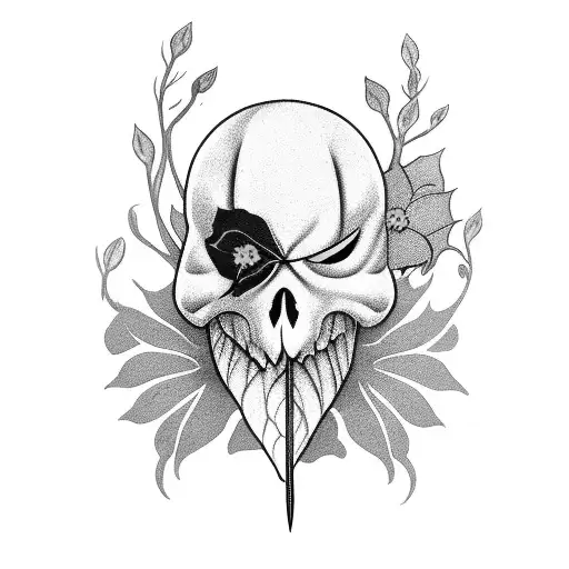 ghostface holding a knife with flowers and leaves behind him tattoo design idea