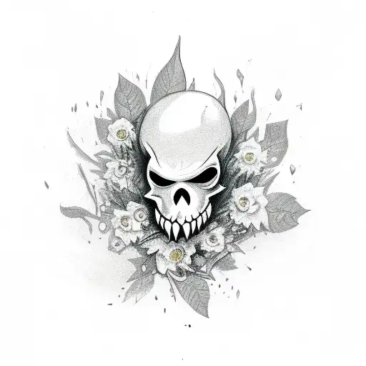ghost face holding a knife with flowers and leaves behind him tattoo design idea