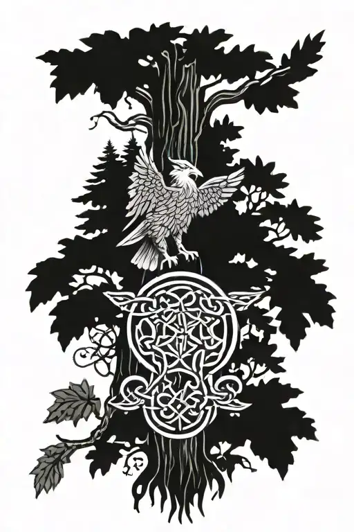 A forest scene with a Celtic Knot incorporated in the tree trunk and a Polish Eagle in the leaves tattoo design idea