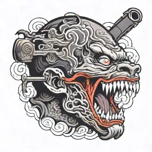 a head with a with a rifle  stuck in the middle of the open mouth  tattoo design idea
