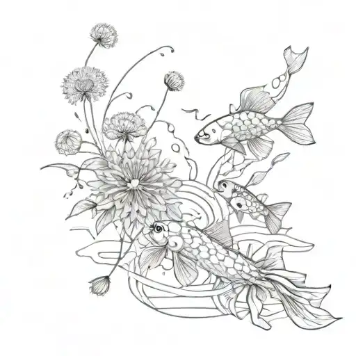 A surrealistic composition of dandelions transforming into koi fish tattoo design idea