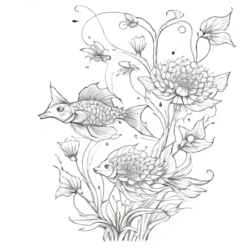 A surrealistic composition of dandelions transforming into koi fish tattoo design idea