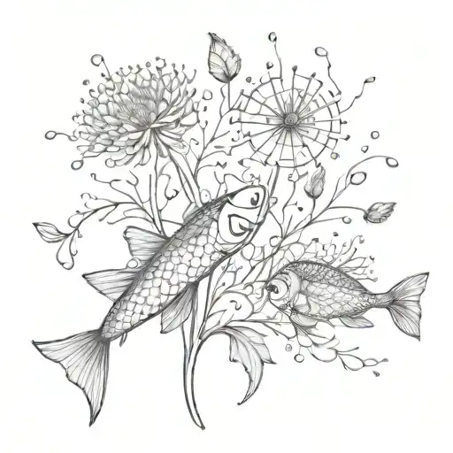 A surrealistic composition of dandelions transforming into koi fish tattoo design idea