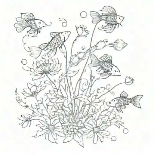 A surrealistic composition of dandelions transforming into koi fish tattoo design idea
