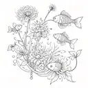 A surrealistic composition of dandelions transforming into koi fish tattoo design idea
