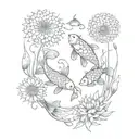 A surrealistic composition of dandelions transforming into koi fish tattoo design idea