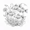 A surrealistic composition of dandelions transforming into koi fish tattoo design idea