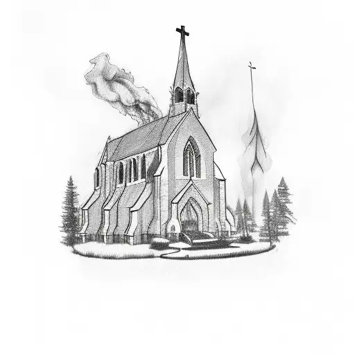 church burning with 3 girls in front holding hands tattoo design idea
