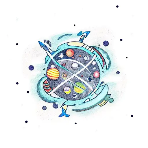 space sleeve with planets and stars with small dragons  tattoo design idea