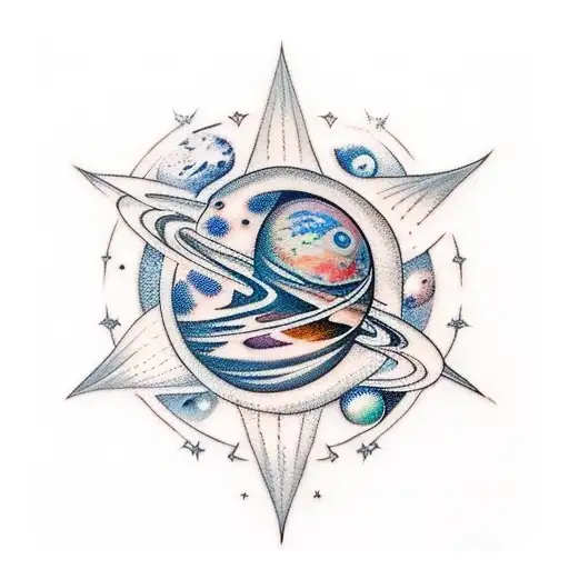 space with planets and stars with small dragons  tattoo design idea